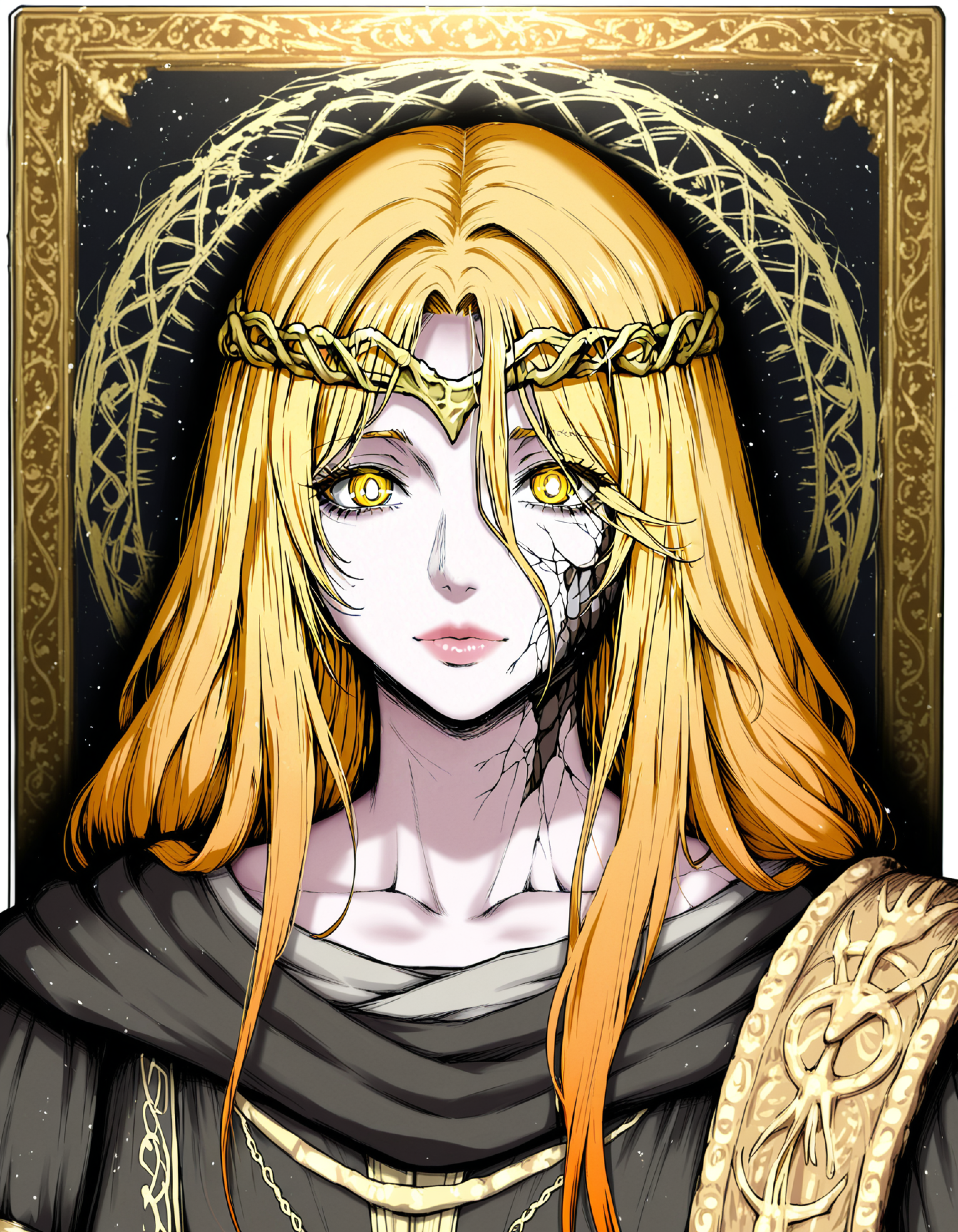 pkkuro, fabulous artwork, best quality, high resolution, beautiful eyes, detailed face, high detail,digital art,best quality, detailed cracked and broken skin, vibrant, highly detailed, award-winning, professional BREAK 1girl, queen marika \(elden ring\),