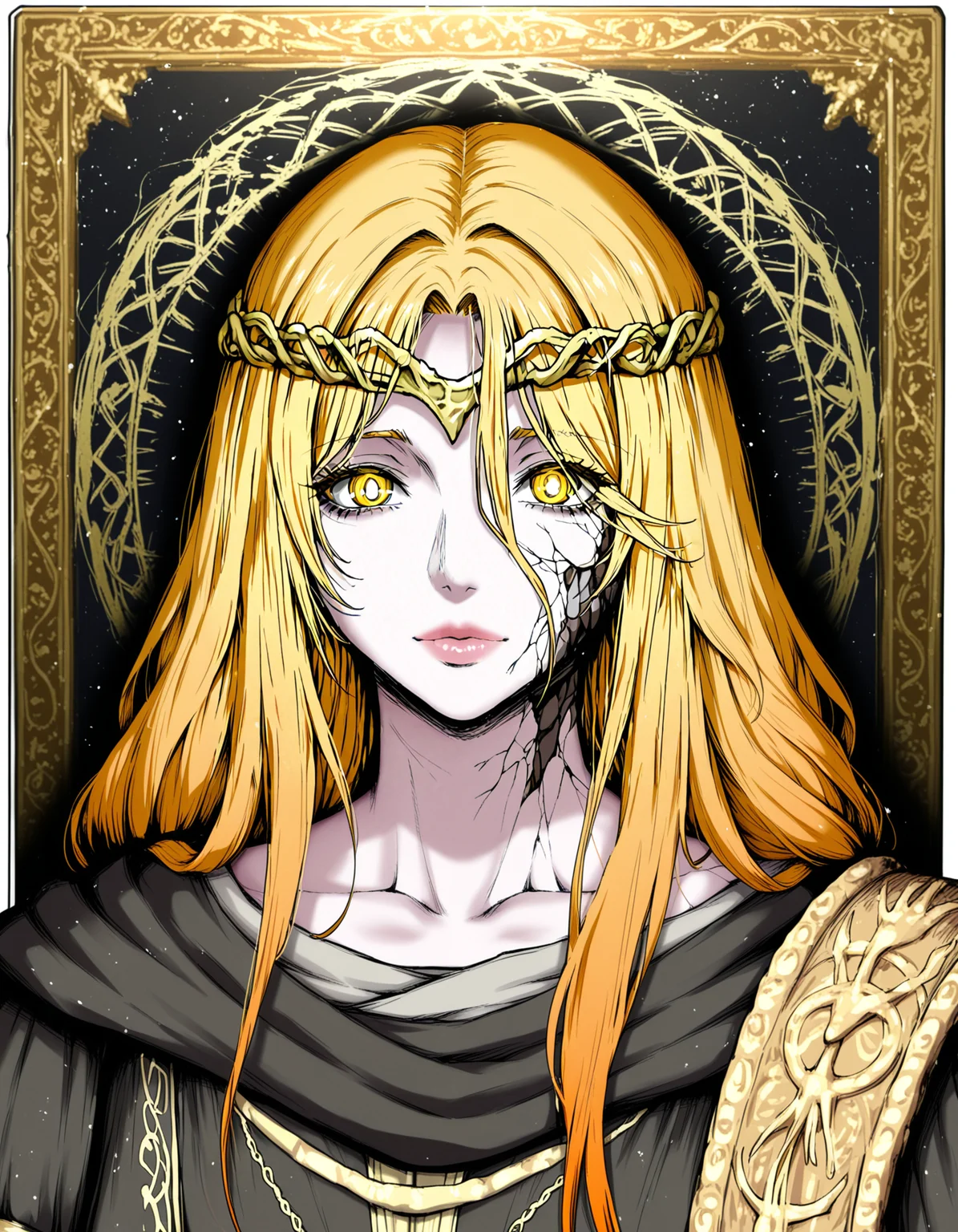 pkkuro, fabulous artwork, best quality, high resolution, beautiful eyes, detailed face, high detail,digital art,best quality, detailed cracked and broken skin, vibrant, highly detailed, award-winning, professional BREAK 1girl, queen marika \(elden ring\),