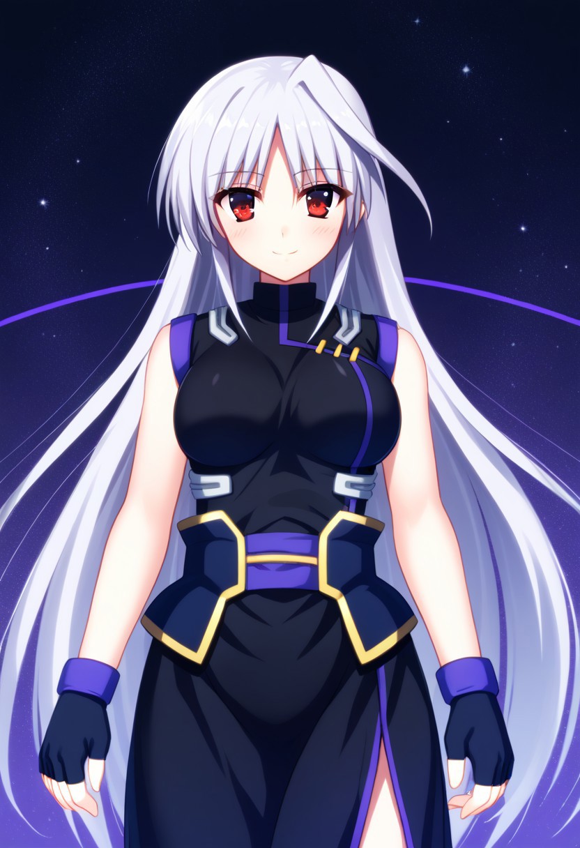 score_9, score_8_up, score_7_up, source_anime, 1girl, solo, Reinforce, long hair, white hair, single hair intake, red eye, long dress, black dress with purple trim, side slit, black gloves with purple trim, fingerless gloves, black corset with gold trim, sleeveless dress, bare shoulders, standing, smiling, endori face