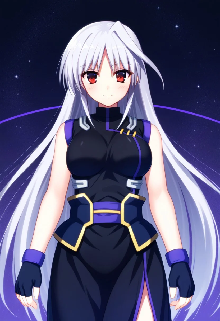 score_9, score_8_up, score_7_up, source_anime, 1girl, solo, Reinforce, long hair, white hair, single hair intake, red eye, long dress, black dress with purple trim, side slit, black gloves with purple trim, fingerless gloves, black corset with gold trim, sleeveless dress, bare shoulders, standing, smiling, endori face