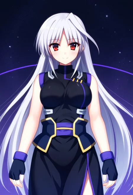 score_9, score_8_up, score_7_up, source_anime, 1girl, solo, Reinforce, long hair, white hair, single hair intake, red eye, long dress, black dress with purple trim, side slit, black gloves with purple trim, fingerless gloves, black corset with gold trim, sleeveless dress, bare shoulders, standing, smiling, endori face