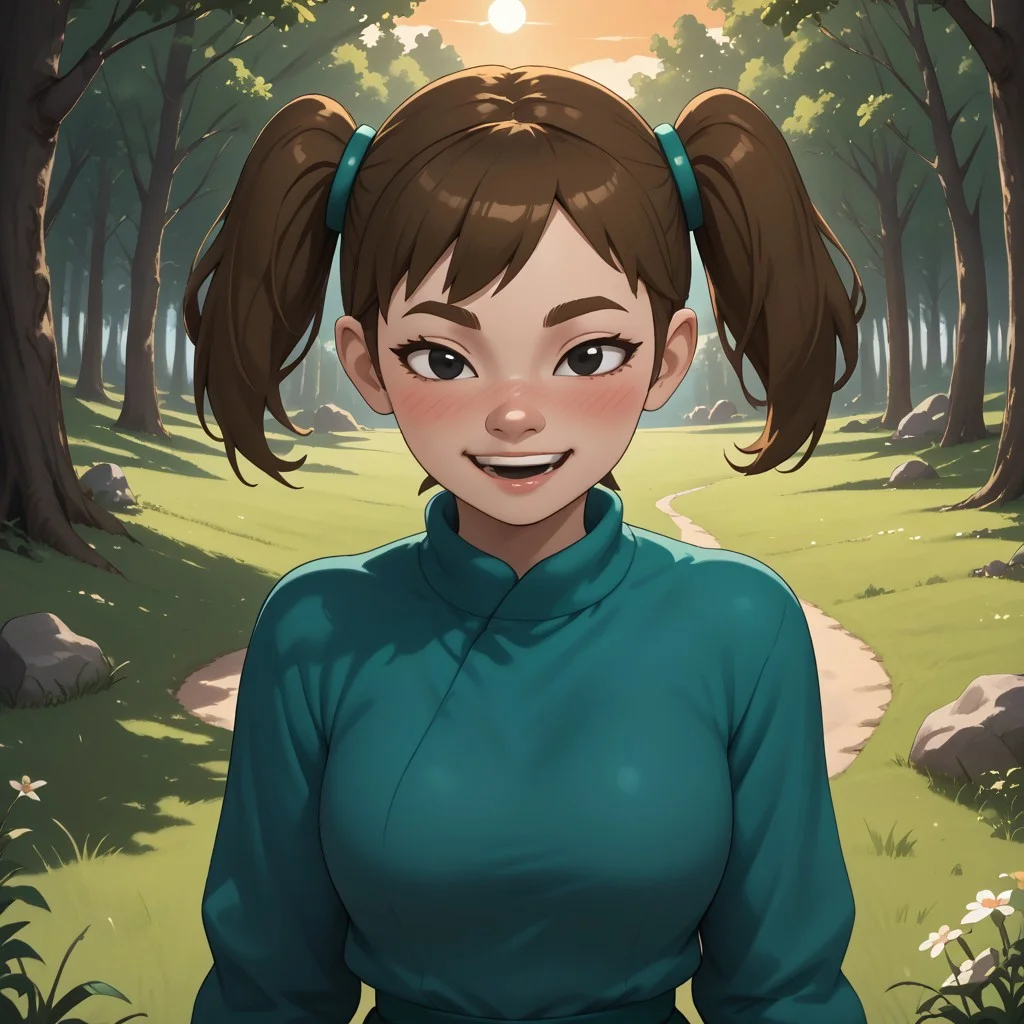 score_9, score_8, BREAK, solo, Mii, Wii, Black Eyes, Half circle eyebrows, big nose, half circle nose, blush, white skin, open mouth, green-ish brown hair, twintails, dark green clothing, 1girl, female mii, Wii Sports Resort, black pants, shoes, cute, medium breasts, Midori_(\Wii_Sports_Resort\), teeth, Nintendo Mii, modern_mii, classic_mii, sexy pose, self portrait, smile, outdoors, sunlight, shadows, evening lighting, natural lighting, forest, trees, grass, orange sky, sunset