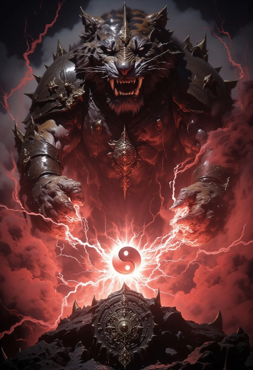 very dark focused flash photo, amazing quality, masterpiece, best quality, hyper detailed, ultra detailed, UHD, perfect anatomy, portrait, dof, hyper-realism, majestic, awesome, inspiring. Capture the fierce tiger master, swirling fierce red lightning energies, glowing yin yang symbols between the tiger's hands, in battle with ancient artifacts and ethereal light. Cinematic composition, soft shadows, National Geographic style.<lora:dark_fantasy_flux:0.83> <lora:FredFraiStyle-FLUX-Share:0.63> <lora:sxz-Dark-Fantasy-v2-Flux:0.33> drkfnts style,