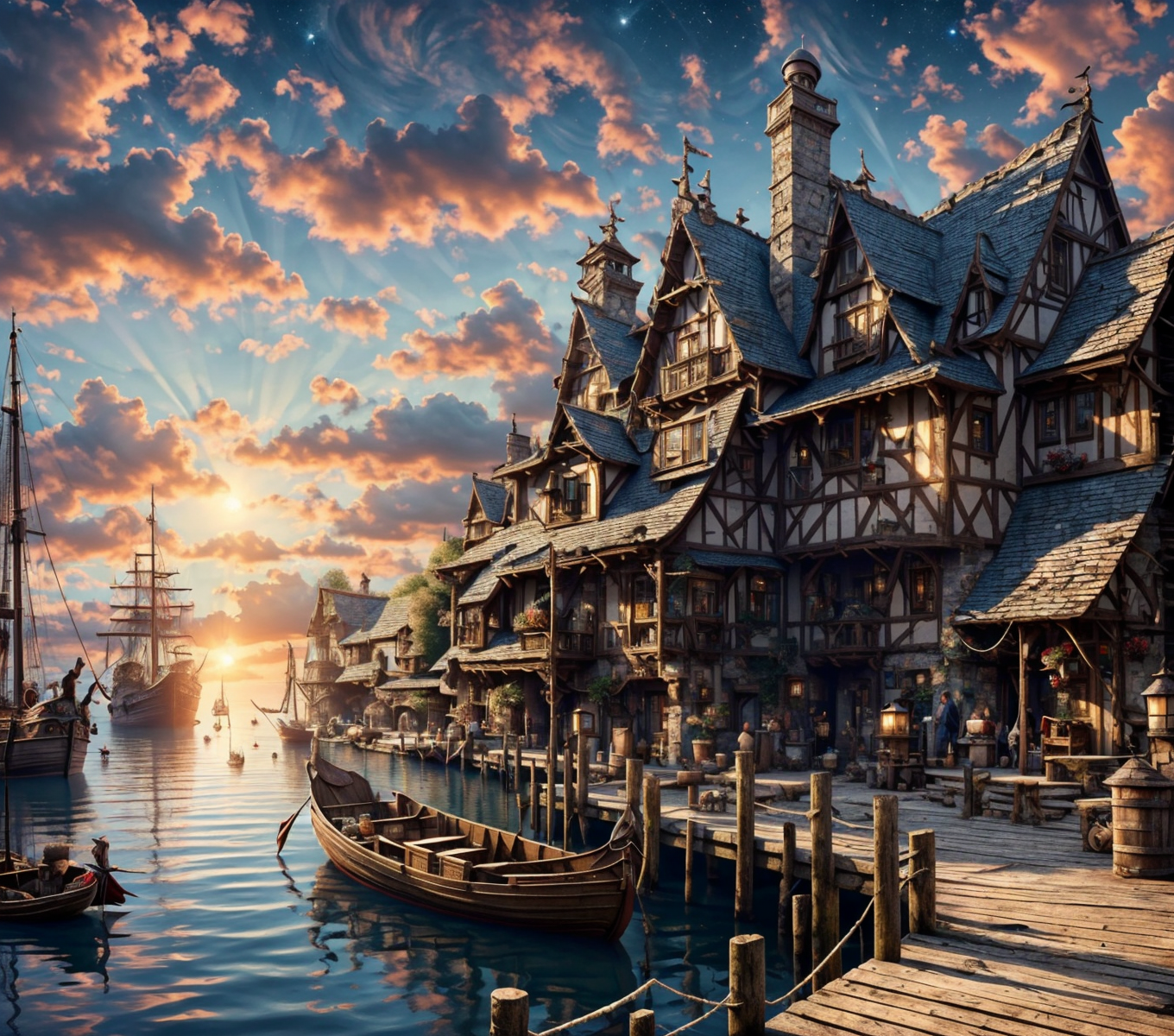 RAW photo, (masterpiece:1.3), subsurface scattering, heavy shadow, (high quality:1.4), (intricate, high detail:1.2), professional photography, HDR, High Dynamic Range, realistic, ultra realistic, photorealistic, high resolution, film photography, ambient lighting, atmospheric effects, <lora:detail_slider_v4:2>, OverallDetail,  <lora:HarborAndDocks:1>, barrel, boat, building, cloud, cloudy sky, day, dock, fire, flag, full moon, hado, multiple boys, night sky, no humans, outdoors, pier, railing, scenery, sky, sunlight, water
