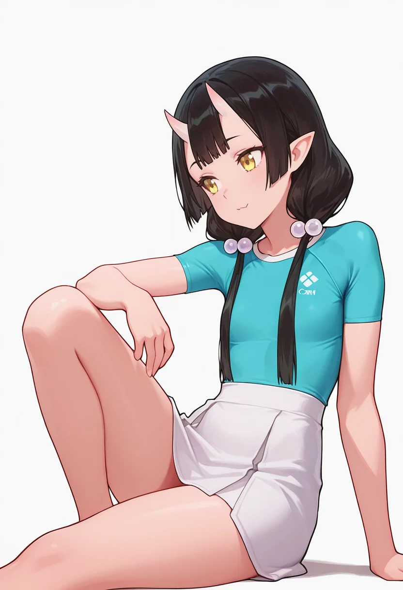 Smooth Quality,masterpiece,very intricate, high quality details, ultra realistic, high detailed skin,detailed enviorement,absurdres,
beckoning,solo,
<lora:Care_Resumisu_CNR:0.8> care_cnr, 1girl,black hair, pointy ears, long hair, yellow eyes, oni, low twintails, skin-covered horns, bobbles,, simple background, white background, from side,
reclining, one leg over other, arm on backrest, calm, composed, ,, t-shirt, ,rash guard, ,high-waist skirt, ,, x3,