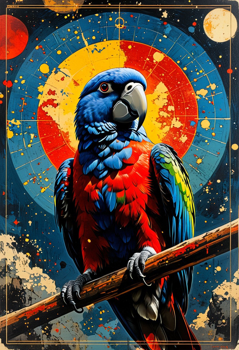 macro shot, cinematic photo of parrot, colorful, dark shot, film grain, extremely detailed, midjourneyv6.1 (in the style of Frank Frazetta painting) Dean Cornwell, design, 1970s, Russian Constructivist style, double exposure, volumetric lighting, expressive, ancient starchart, ink spattered background, warm colors, space, art deco, splatter, Japanese Woodblock print, planar rectilinear shapes, extreme energy, dynamic posing, Dutch angle, black, Crimson<lora:xl_more_art-full_v1:0.3>
