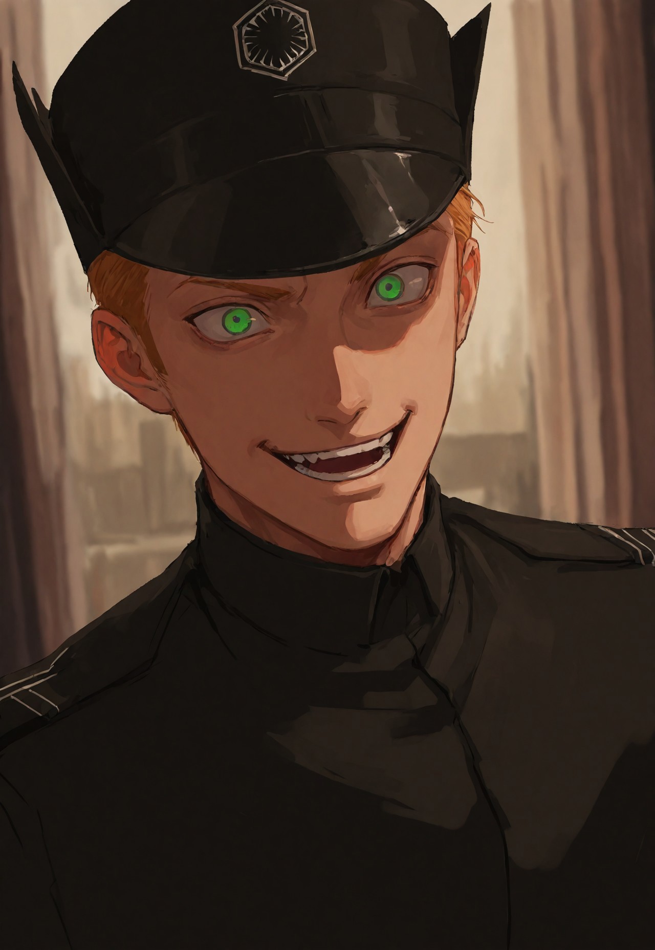 Smooth_Quality, masterpiece, best quality, amazing quality, very aesthetic, absurdres, newest, detailed background, genHux, 1boy, solo, blonde hair, short hair, green eyes, first order uniform, hat, close-up, evil smile, laughing maniacally, crazy eyes