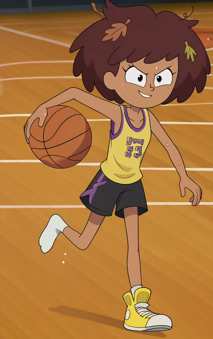 masterpiece, high quality, score_9, score_8_up, anneboonchuy, solo, brown hair, 1girl, black eyes, dark skin, leaf, bugballanne, dark-skinned female, (yellow and purple tanktop), black shorts, socks, (((single shoe))), ((sock on left foot)), holding basketball, basketball court, (yellow shoe on right foot), ((cute)), (smirk), smile, dynamic angle, (sweaty), (shiny skin), vector, flash,   ,,,  <lora:Pony_QualityV4.0:1>,<lora:Vector_Flash_animation_style:0.8>,<lora:Anne_Boonchuy_V3:0.8>,<lora:StS_PonyXL_Detail_Slider_v1.4_iteration_3:0.5>