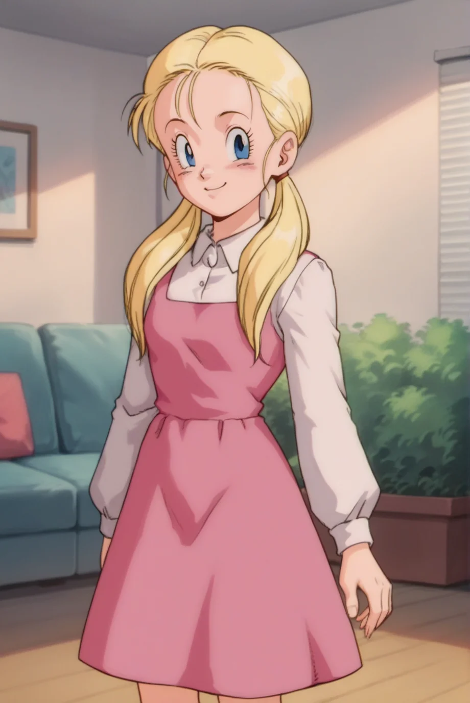 score_9, score_8_up, score_7_up, score_6_up, score_5_up, score_4_up, BREAK source_anime, 1girl, solo,
<lora:HarronXL-v1-07:0.7>, ChopioHarron, long hair, blue eyes, blonde hair, twintails, hair tie, hair over shoulders, looking at viewer,
retro artstyle,
outfit_1, pink dress, sleeveless dress, collared shirt, long sleeves,
living room, standing, smile,