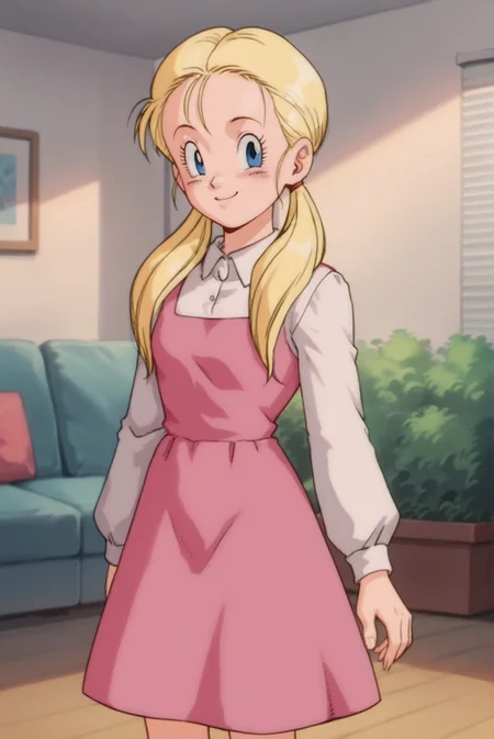 score_9, score_8_up, score_7_up, score_6_up, score_5_up, score_4_up, BREAK source_anime, 1girl, solo,
<lora:HarronXL-v1-07:0.7>, ChopioHarron, long hair, blue eyes, blonde hair, twintails, hair tie, hair over shoulders, looking at viewer,
retro artstyle,
outfit_1, pink dress, sleeveless dress, collared shirt, long sleeves,
living room, standing, smile,
