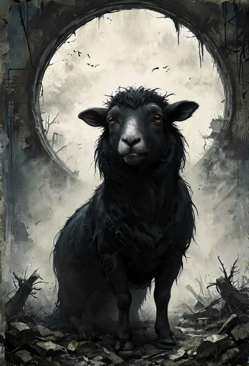 A black sheep, singing the words of the condemned, no one could hear or comprehend,,  <lora:SDXL - Style - Desolation:0.4> <lora:SDXL - Style - Dark_Anime:0.4>