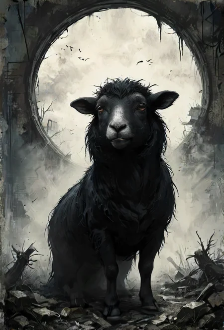 A black sheep, singing the words of the condemned, no one could hear or comprehend,, <lora:SDXL - Style - Desolation:0.4> <lora:SDXL - Style - Dark_Anime:0.4>