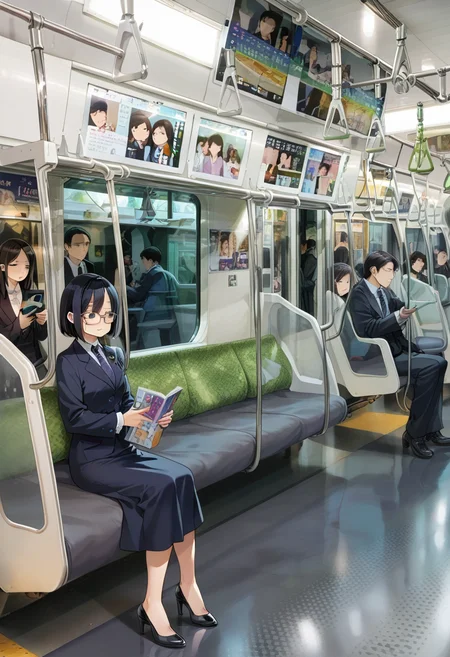 score_9, score_8_up, score_7_up, rating_safe, masterpiece, best quality, absurdres, unity 8k wallpaper, official art, official style, source_anime, game cg, megami magazine, glasses,
e235, train interior, black hair, multiple boys, multiple girls, sitting, black footwear, formal, suit, bag, 6+boys, phone, short hair, cellphone, reading, holding, holding phone, dress, hat, smartphone, seat, pants, jacket, shoes, long sleeves, 1girl, necktie, black dress, closed eyes, high heels, glasses, skirt, 2girls, smile, solo focus, shirt, poster (object),
<lora:E235_PONY_V1:1>