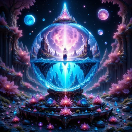 bo-exposure, pinketherealmj, a crystal ball showing A beautiful magical ocean inside, with a fleet of fantasy style mini viking ships. The crystal ball is floating inside a colorful cosmic storm on space, magical glow, internal glow, magic, fantasy, glowing, colorful,