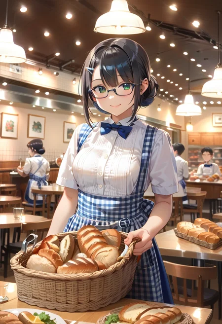score_9, score_8_up, score_7_up, rating_safe, masterpiece, best quality, absurdres, unity 8k wallpaper, official art, official style, source_anime, uncensored, game cg, megami magazine,
1girl, solo, glasses, medium breasts, KRU, blue bow, blue bowtie, white shirt, short sleeves, blue skirt, blue apron, gingham apron, employee uniform, high-waist skirt, waitress, smile, indoors, blinds, basket, food, shop, holding basket, bread, holding, table,
ceiling light, ceiling, indoors, multiple boys, scenery, restaurant, chair, sitting, lights, table, cafe, black hair
<lora:koberya_PONY_V1:1>