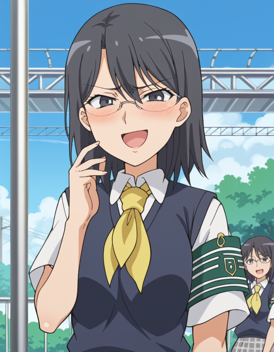 score_9, score_8_up, score_7_up, source_anime, <lora:mii-konori-s1-ponyxl-lora-nochekaiser:1>, mii konori, short hair, black hair, black eyes, glasses, hair between eyes, mature female, anime screencap,, skirt, school uniform, plaid skirt, armband, sweater vest, neckerchief, yellow neckerchief, green armband, pleated skirt,, train station, trains, platform, passengers, travel, , <lora:pov-bullying-ponyxl-lora-nochekaiser:1> pov bullying, teasing, smug, bullying, laughing, open mouth, blush, hand up, cowboy shot,, looking at viewer, solo,, dutch angle, cowboy shot