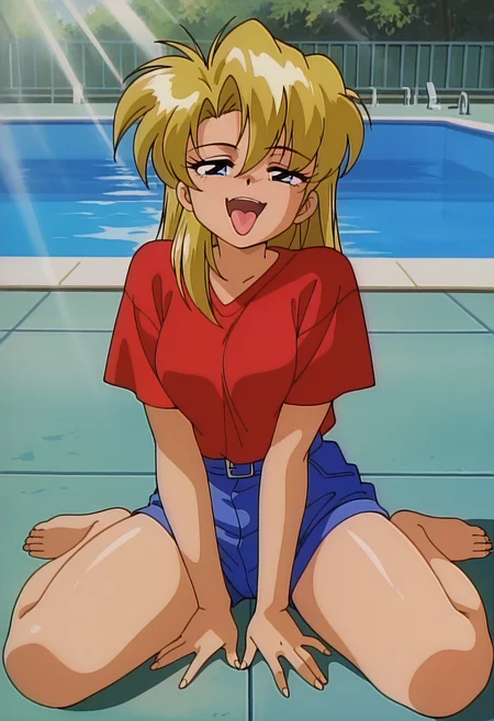 masterpiece, best quality, amazing quality, absurdres, retro artstyle, 1girl, solo, retro artstyle, mayakaww, blue eyes, blonde hair, long hair, medium breasts, red t-shirt, short sleeves, blue shorts, <lora:Mayaka_Nageki_no_Kenkou_Yuuryouji_ill_v11:0.9>, seductive pose, sitting, wariza, seductive smile, narrowed eyes, open mouth, tongue out, poolside, outdoors, sunlight, skindentation, detailed clothing folds, depth of field, sharp, high contrast, dynamic light