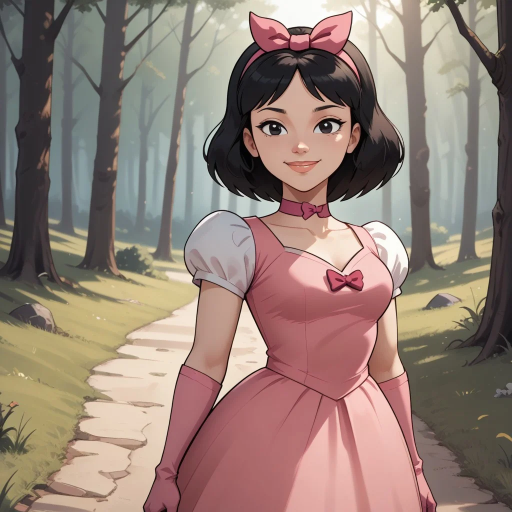 score_9, score_8, BREAK, solo, total drama, 1girl, black hair, pink hair bow, black eyes, lips, pink choker, pink short dress, light pink gloves, pink footwear, Ella_(Total_Drama), tdpi, cute, sexy pose, self portrait, smile, outdoors, sunlight, shadows, evening lighting, natural lighting, forest, trees, grass, orange sky, sunset