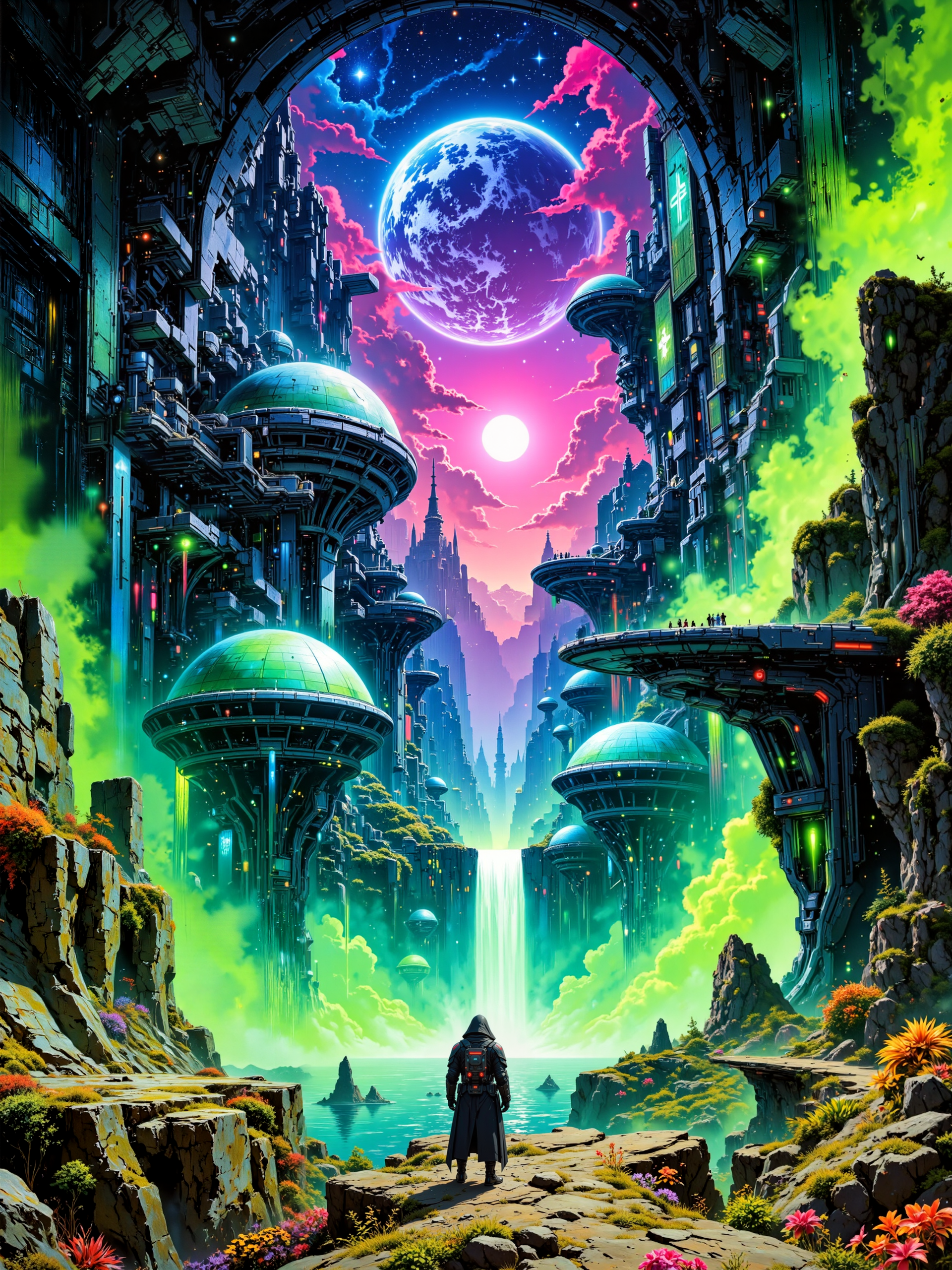 famous science fiction artwork, inspired by roger dean and stephan martiniere, absurdres, ultra-high-resolution, otherworldly and intricate, cinematic view, hyper-realistic and highly detailed digital masterwork painting of an alien spaceport with landing platforms and dome-shaped hangars, in the middle of an otherworldly jungle with a breathtaking galactic nebula in the night sky, a den of scum and villainy with an alien planet in the sky, details include a landing spaceship and bizarre alien flora surrounding the port, detailed back view of an alien mercenary gazing at the spacesport in the distance, tall cliffs, engine trails, cosmic energy, aliens, night blue and blackberry purple and chartreuse and fuchsia, highly atmospheric, masterful use of light and shadow, grand composition, cinematic visual storytelling, ovg, <lora:style-fantastic_landscapes-v2-flux-by_artifyai:0.96> <lora:style-luis_royo-flux-by_tosave:0.44>