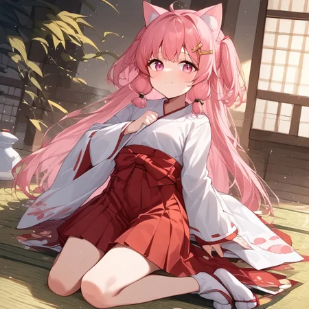 Aomokoka Style,nochekaisershot,
1girl,japanese clothes, hairclip, wide sleeves, ribbon trim, long sleeves, hakama skirt, miko, sleeves past wrists, red hakama, white kimono, tabi, ribbon-trimmed sleeves, pinching sleeves,yuika3,cat ears,Expressiveh,nochekaisershot,pink hair,solo,pink eyes