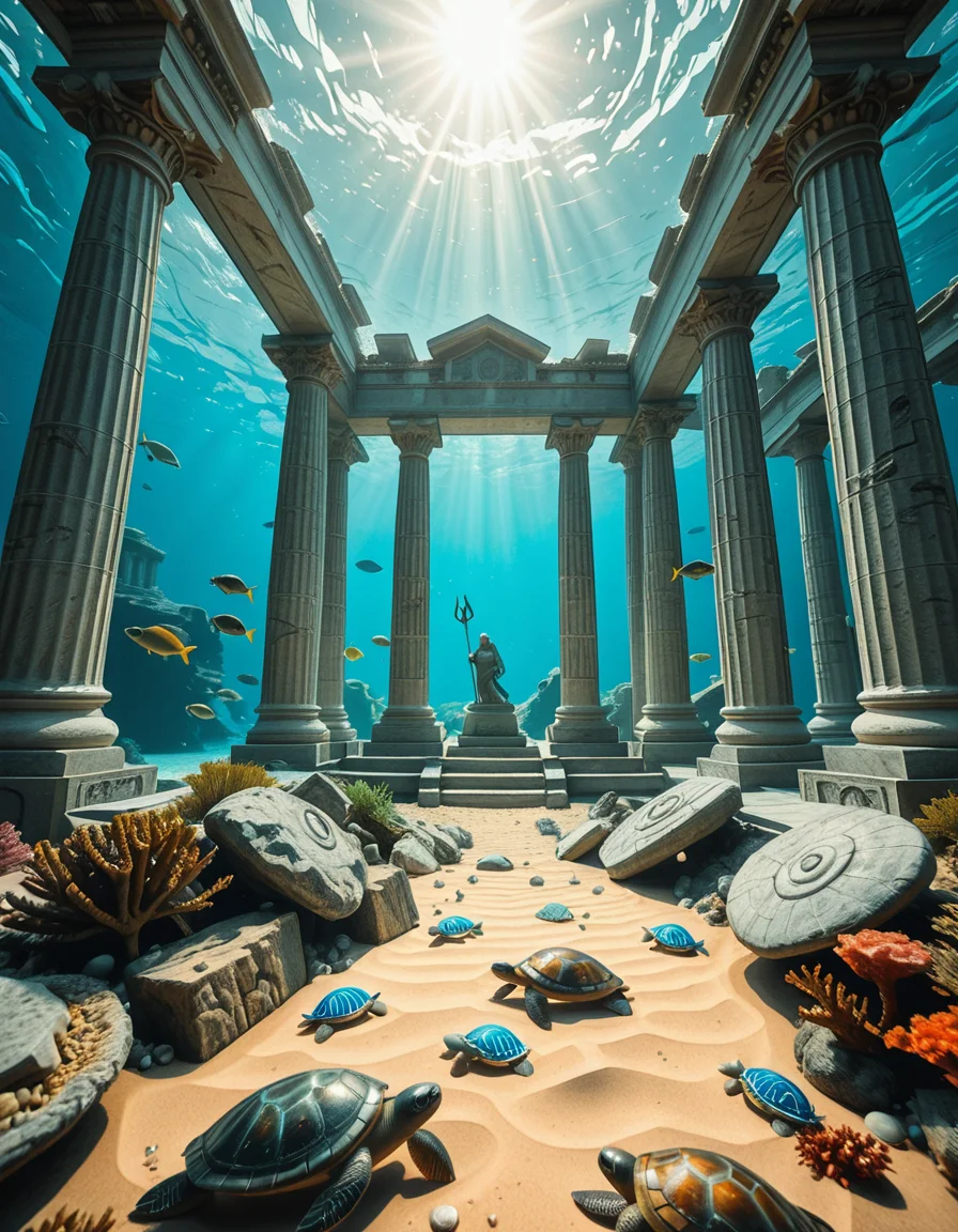 An ancient underwater Temple of Poseidon, partially buried in sand and coral at the bottom of the Aegean Sea. Massive marble columns, some broken, others still standing, encrusted with seashells and marine life. Soft sunlight filtering through the ocean surface above, casting shimmering rays over the temple ruins. Colorful fish and sea turtles swimming peacefully around. The atmosphere is mystical and serene, with a bluish-green hue dominating the scene. A statue of Poseidon with a trident stands at the center of the temple, covered in algae and marine growth. Realistic style, high detail, cinematic lighting, wide-angle view.
<lora:SDXLFaeTastic2400:0.4> <lora:extremely_detailed:0.4> extremely detailed,underwater Temple of P0s31d0n, <lora:underwater_Temple_of_P0s31d0n-i:1>, Masterpiece,best quality,hi res,8k,hi res,8k,award winning,(sharp focus, intricate, highly detailed),