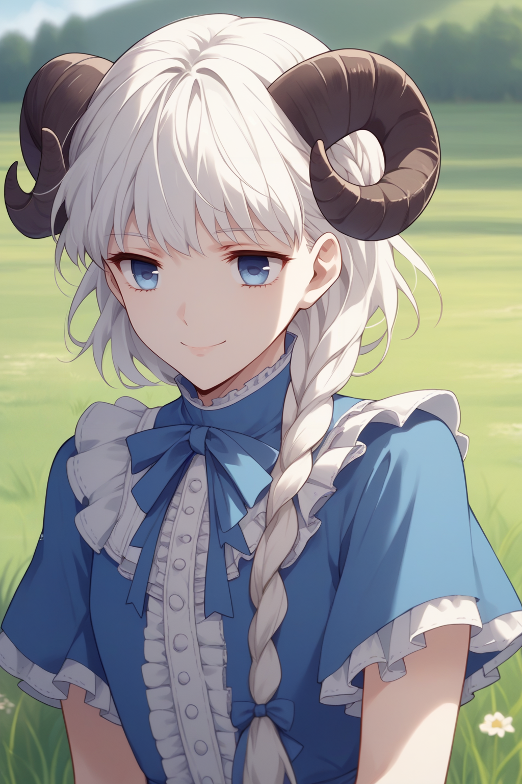 score_9, score_8_up, solo, <lora:NSSakiBasket:1> NSSakiBase, white hair, braid, hair over shoulder, blue eyes, blue dress, short sleeves, frills, ribbon, smile, grass field, outdoors, vivid colors, high contrast, sheep horns