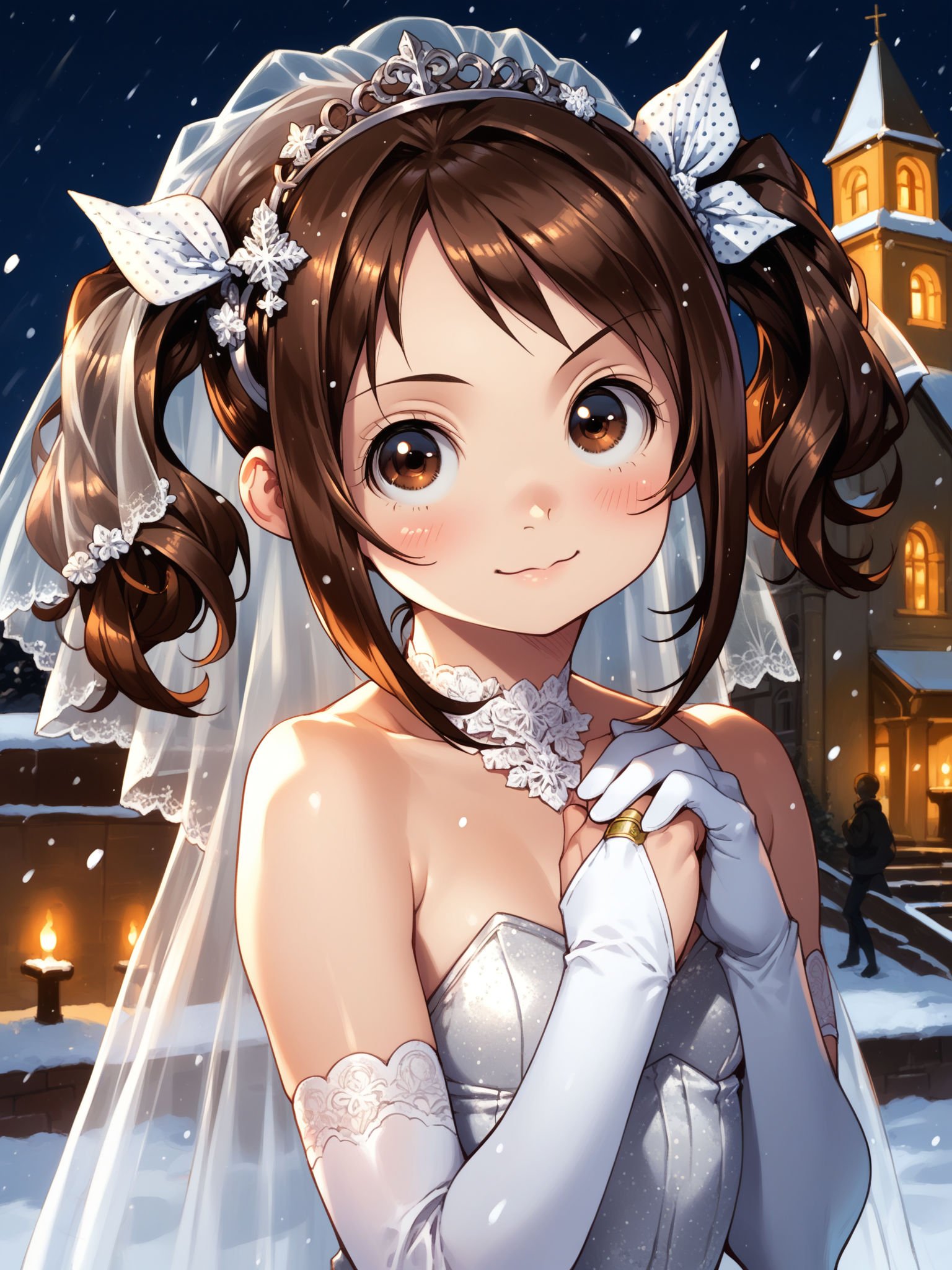 (upper body, solo focus:1.2) <lora:happy_tentacle-haruka-v0.1-000032:0.9>, ht_haruka, brown eyes, brown hair, polka dot ribbon, , bracelet (petite:1.2), <lora:Shed_The_Skin's StS_age_slider_v1_initial_release:-1.4> ( :1.1) ( , , (doyagao :1.2) , , (looking at viewer:1.2), blush :1) , outdoors, vegetation, ( :1.1), winter, snow , (night, night sky :0.6), (blue sky:0.6) , (:0.5), people , ( :0.9), church, (wedding dress, bridal veil, bridal gauntlets:1.2) ( :0.8) score_9, score_8_up, score_7_up, score_6_up, score_5_up, score_4_up, ( [(realistic, photorealistic:1.3):(realistic:1.2):16] [(3d:1.2)::14] :1) <lora:LUUNA's Lunas-NijiJourney-SDXL-B2:0.35>, nijijourney <lora:prgfrg23's Counterfeit-V3.0 Style SDXL_LoRA_Pony Diffusion V6 XL:0.5> <lora:mfcg's mfcgXL:0.12> <lora:reweik's gyokai(himehajime)_PonyXL_style_v01:0.14>