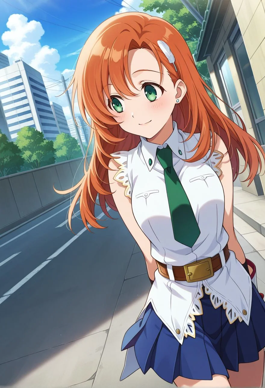 detailed eyes, beautiful, detailed background, perfect eyes,
source_anime, very aesthetic, anime coloring, masterpiece, official art,
<lora:HandFineTuning_XL:1>
BREAK,
japanese street, cityscape,
walking, looking away, light smile,
cowboy shot, blush,
dynamic angle, hands behind back,
BREAK,
<lora:cliana_illustrious_v02:0.9>
clianaDef, orange hair, green eyes, long hair, feather hairpin,
white shirt, sleeveless, fingerless gloves, green necktie, laces, hairpin, pleated skirt, blue skirt, belt, buckle,
black socks, white boots,