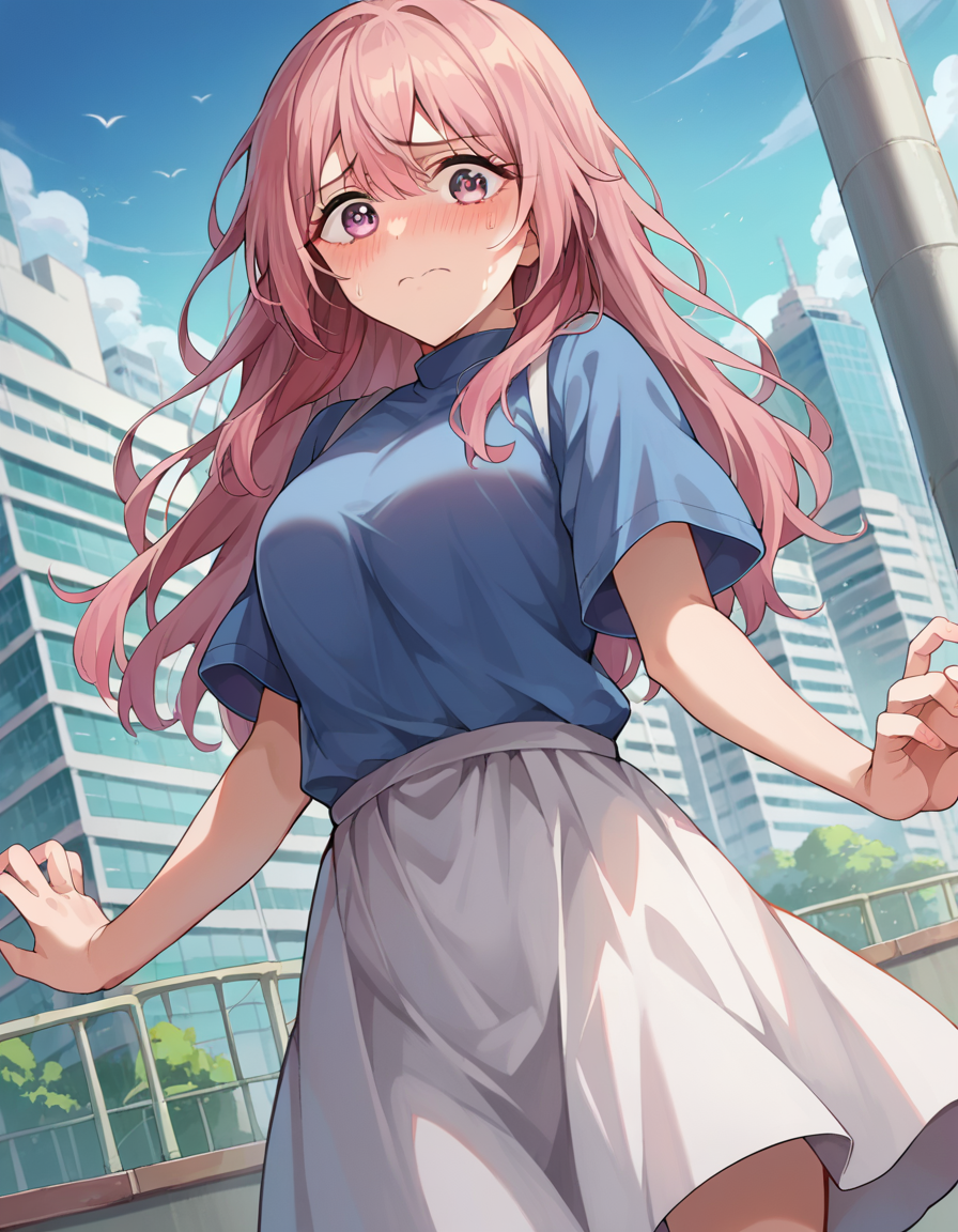 score_9, score_8_up, score_7_up, source_anime,
shinjuinui, <lora:shinju-inui-ponyxl-lora-nochekaiser:1>,
shinju inui, long hair, pink hair, pink eyes, embarrassed, blush,
skirt, shirt, short sleeves, white skirt, blue shirt,
outdoors, cityscape,
looking at viewer, cowboy shot, dutch angle, dynamic pose,