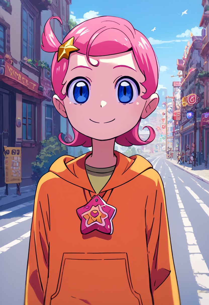 score_9, score_8_up, score_7_up,source_anime,street view, city view,komettosan, female, head star accessory, pink hair, short hair, blue eyes, pendant, orange hoodie, miniskirt,smile