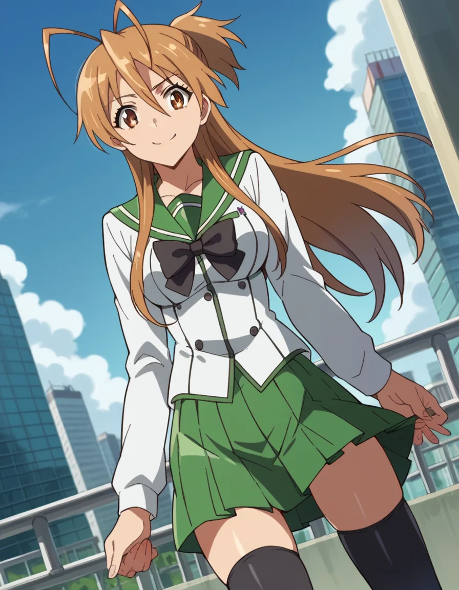 score_9, score_8_up, score_7_up, source_anime,
reimiyamoto, <lora:rei-miyamoto-ponyxl-lora-nochekaiser:1>,
rei miyamoto, long hair, brown hair, brown eyes, antenna hair, ponytail, smile,
skirt, thighhighs, school uniform, serafuku, zettai ryouiki, green skirt, bowtie, long sleeves, black thighhighs, black bowtie,
outdoors, cityscape,
looking at viewer, cowboy shot, dutch angle,