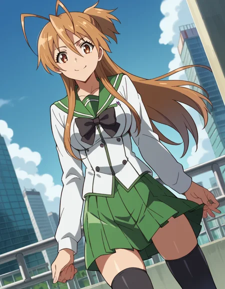 score_9, score_8_up, score_7_up, source_anime,
reimiyamoto, <lora:rei-miyamoto-ponyxl-lora-nochekaiser:1>,
rei miyamoto, long hair, brown hair, brown eyes, antenna hair, ponytail, smile,
skirt, thighhighs, school uniform, serafuku, zettai ryouiki, green skirt, bowtie, long sleeves, black thighhighs, black bowtie,
outdoors, cityscape,
looking at viewer, cowboy shot, dutch angle,