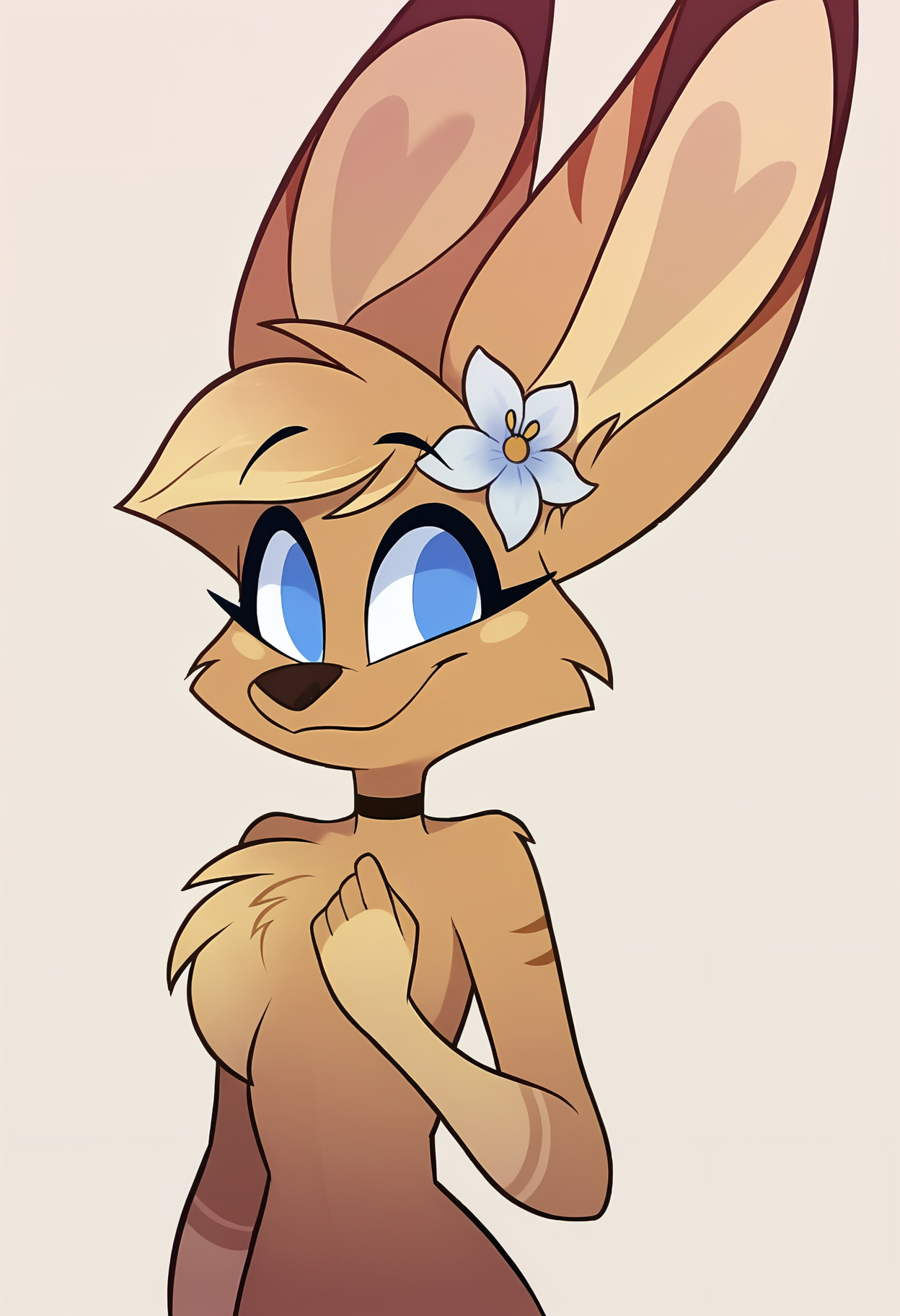source_cartoon,  source_furry, rating_safe, score_9, score_8_up, score_8, cowboy shot, simple background, BREAK
<lora:Kayla Christling:0.8>, Kayla Christling, solo, kangaroo, smiling, standing, beautiful face, clear focus, looking at viewer, happy, close up, face focus, flower in ear, mouth closed, cute, hand on chest,