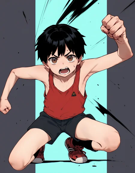 score_9, score_8_up, score_7_up, score_6_up, source_anime, simple background, geometric shapes, 1boy, solo, black hair, brown eyes, bangs, red tank top, shorts, punching, looking at viewer, sweatdrop, open mouth <lora:modokie-amxl-v1-ShoAI:1>