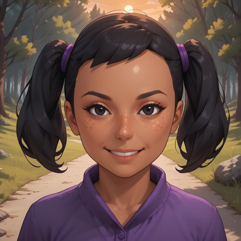 score_9, score_8, BREAK, solo, wii, mii, wii sports, 1girl, female mii, dark skin, freckles, black hair, twintails, black eyes, purple clothing, black pants, shoes, cute, Miyu_(Wii_Sports), nintendo mii, modern_mii, classic_mii, breasts, sexy pose, smile, outdoors, sunlight, shadows, evening lighting, natural lighting, forest, trees, grass, orange sky, sunset