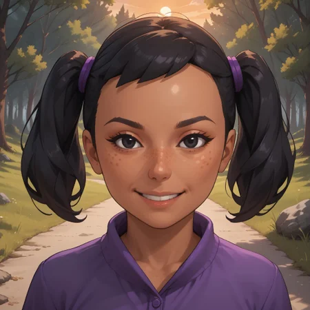 score_9, score_8, BREAK, solo, wii, mii, wii sports, 1girl, female mii, dark skin, freckles, black hair, twintails, black eyes, purple clothing, black pants, shoes, cute, Miyu_(Wii_Sports), nintendo mii, modern_mii, classic_mii, breasts, sexy pose, smile, outdoors, sunlight, shadows, evening lighting, natural lighting, forest, trees, grass, orange sky, sunset