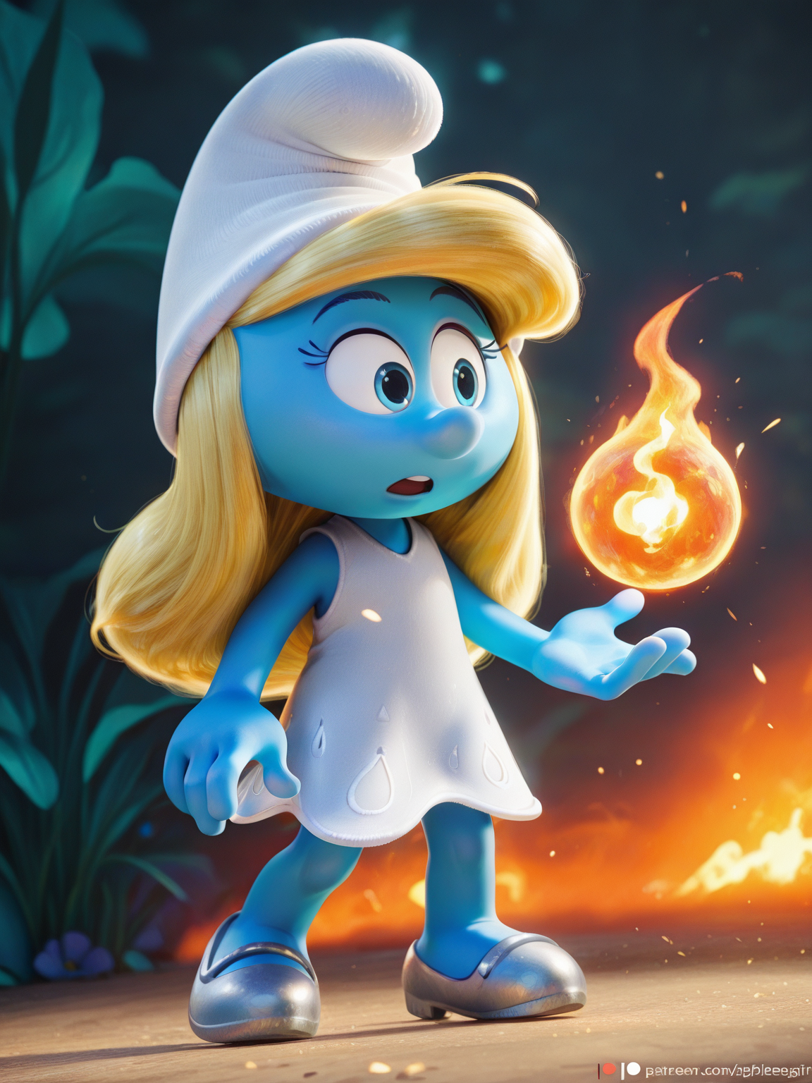 <lora:SmurfetteIL:0.9> sm_tte, 1girl, blue skin, blonde hair, long hair, white hat,
magic, magic robe, steel armor,glowing liens, fireball, action, full body, glowing background, magic background
