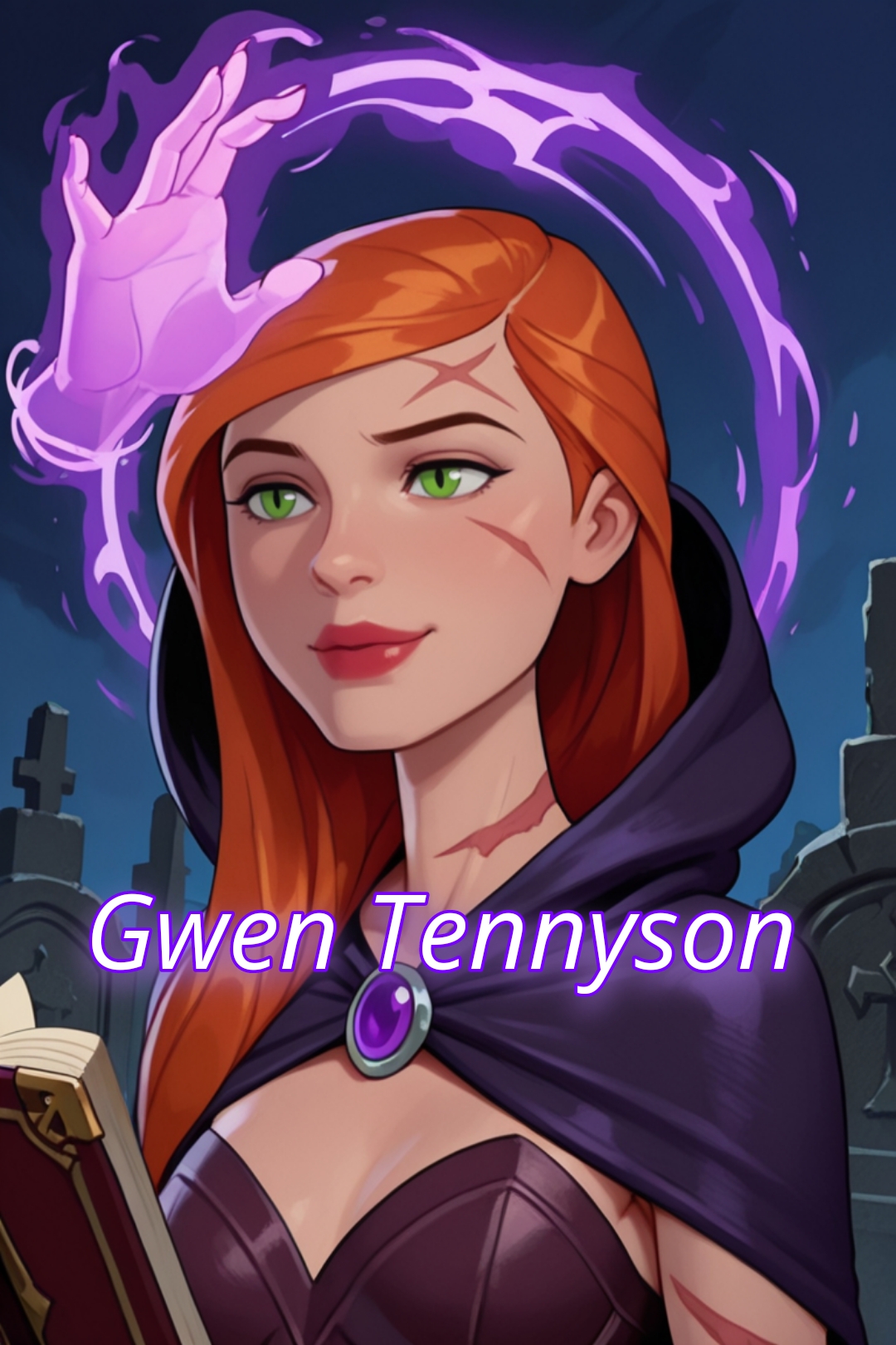 masterpiece, best_quality, high_resolution, ultra_detailed, sharp_focus, NFSW BREAK Mature woman ,long hair, orange hair,red lips,happy ,green eyes ,BREAK , portrait, profile angle, (roguish, scars, atmospheric, aesthetic), fantasy, petite, telekinesis, disembodied magic hand, levitating book, leather armor, mage, slit pupils, beautiful eyes, intricate clothing, accessories, purple accents, hooded, ((gothic, expressive)), graveyard at night