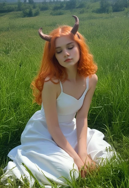 score_9, score_8_up, score_7_up, score_6_up, photo, grainy, amateur, lowres, 2000s nostalgia, webcam photo, flash, rsgrl, russian girl, cute russian girl, 1girl, solo, horns, dress, closed eyes, orange hair, sitting, long hair, white dress, curly hair, animal ears, grass, freckles,