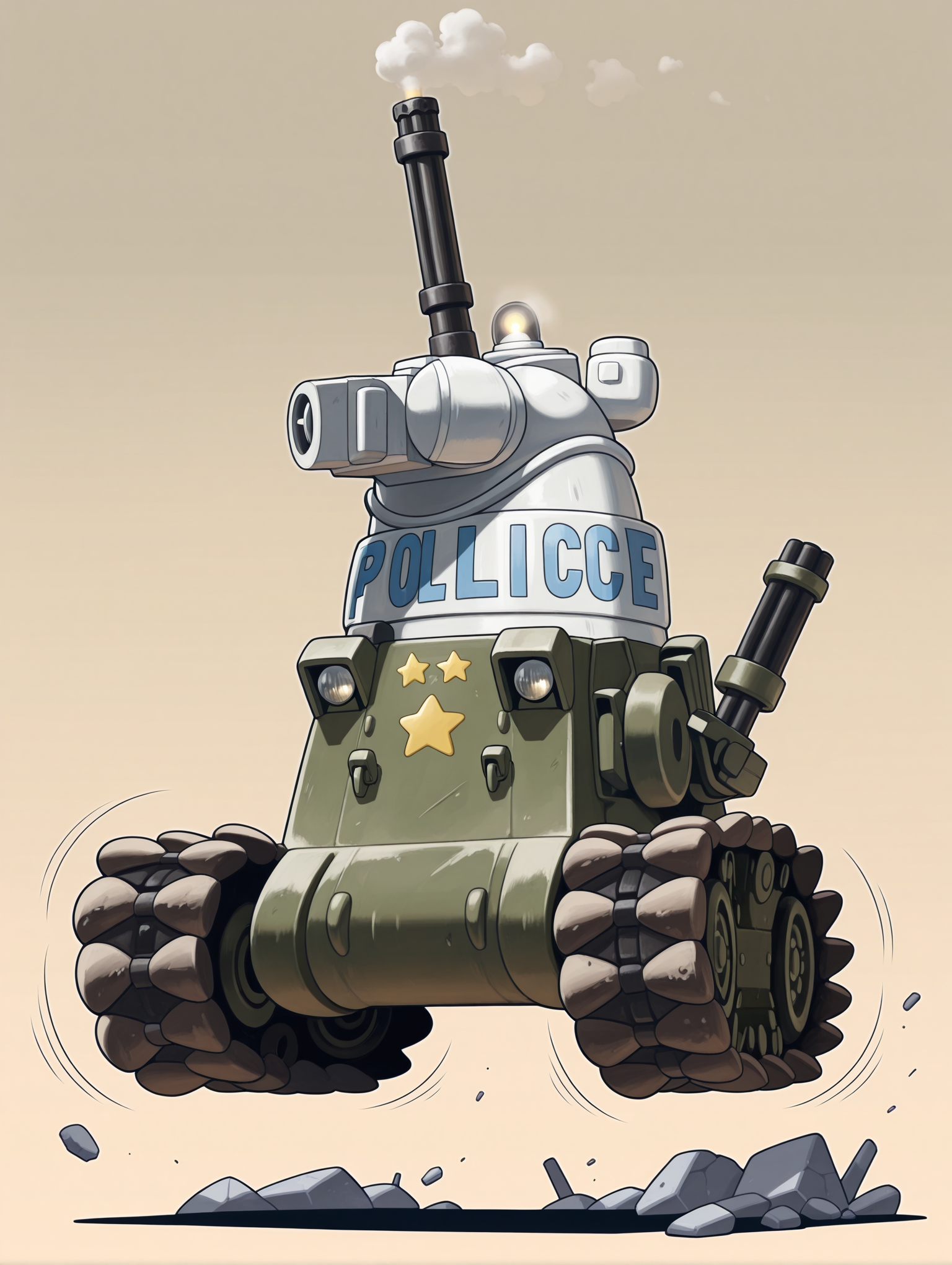 masterpiece,best quality,newest,
<lora:Fixhands_anime_bdsqlsz_V1:1>,<lora:IL_bonaparte_tank:1>,d_bn,bonaparte /(tank/),turret,cannon,minigun,smoke projector,left-air intake,star \(symbol\),police,emblem,caterpillar tracks,((motion_lines:1.2)),rubble_ruins,simple_background,no human,from_side,jumping,
