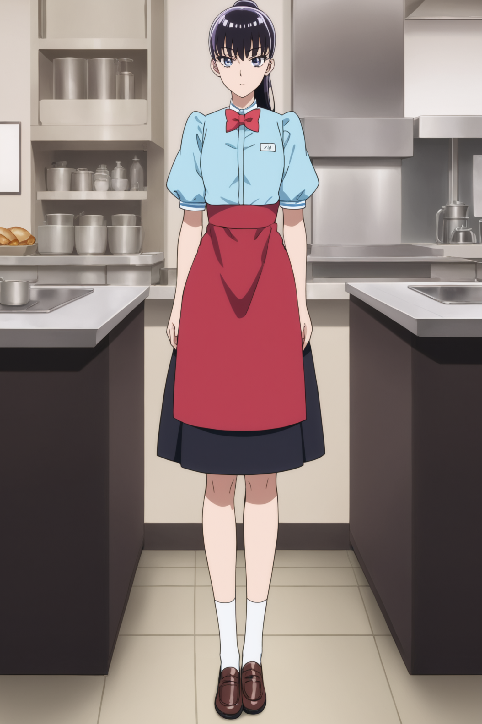 tachibana akira, long hair, black hair, ponytails, purple eyes, tachibawaitress, , blue shirt, white collar, red bowtie, short sleeves, puffy short sleeves, black skirt, red apron, white kneehighs, loafers, <lora:Akira_Tachibana:0.9>, score_9, score_8_up, score_7_up, score_6_up, score_5_up, source_anime, rating_safe, indoors, restaurant, 1girl, solo, (dynamic pose:1.2), standing, (full body:1.2)