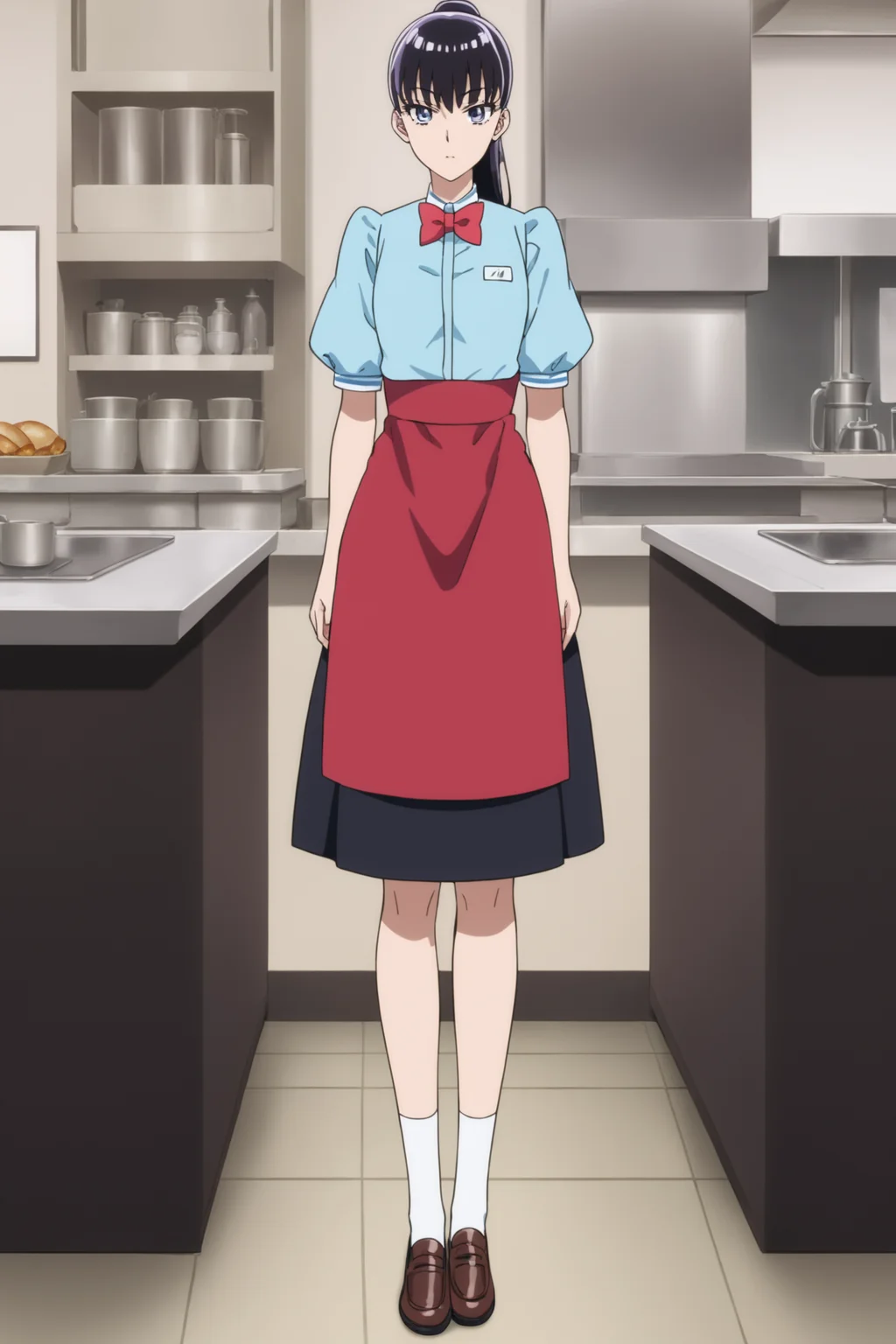 tachibana akira, long hair, black hair, ponytails, purple eyes, tachibawaitress, , blue shirt, white collar, red bowtie, short sleeves, puffy short sleeves, black skirt, red apron, white kneehighs, loafers, <lora:Akira_Tachibana:0.9>, score_9, score_8_up, score_7_up, score_6_up, score_5_up, source_anime, rating_safe, indoors, restaurant, 1girl, solo, (dynamic pose:1.2), standing, (full body:1.2)