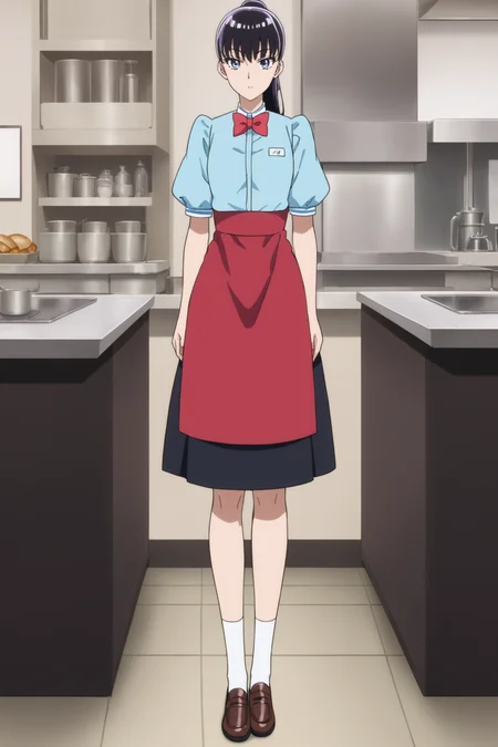 tachibana akira, long hair, black hair, ponytails, purple eyes, tachibawaitress, , blue shirt, white collar, red bowtie, short sleeves, puffy short sleeves, black skirt, red apron, white kneehighs, loafers, <lora:Akira_Tachibana:0.9>, score_9, score_8_up, score_7_up, score_6_up, score_5_up, source_anime, rating_safe, indoors, restaurant, 1girl, solo, (dynamic pose:1.2), standing, (full body:1.2)