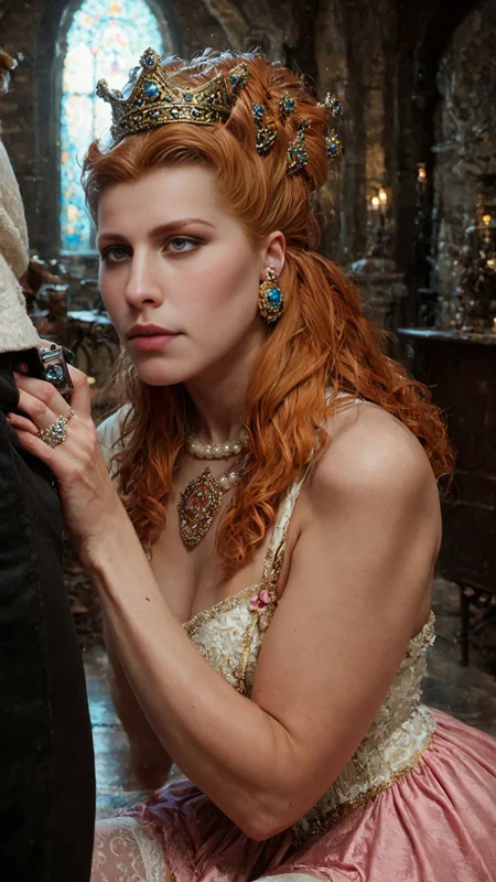 Anna Henrietta, the witcher, score_9, score_8_up, score_7_up, source_photo, (photography, realistic:1.4), <lora:add-detail-xl:1>, (high contrast, chiaroscuro, at dawn:1.5), <lora:SDXLFaeTastic2400:0.7>, fairytale dreamlike light, (backlighting:1.2), fantasy setting,<lora:Expressive_H-000001:0.5> , Expressiveh, <lora:AmateurStyle_v1_PONY_REALISM:0.6>, real life photo, <lora:DreamARTSDXL:0.7>,drkfntasy, <lora:darkfantasystyle:0.6>,,<lora:Anna Henrietta_pony:1>,jewelry,,earrings,necklace,thighhighs,crown,ring,orange hair, at medieval castle, medieval men next to her,