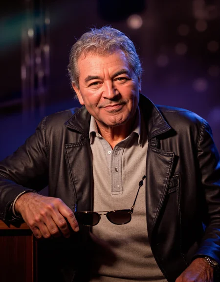 Create a highly detailed, photorealistic yet artistic portrait of Ian Gillan, the legendary vocalist of Deep Purple, depicted in his later years with short, neatly styled silver or gray hair. The portrait should capture his mature features: a strong, weathered face with deep-set eyes that radiate wisdom, experience, and the soulful intensity of a lifelong performer. Highlight his prominent cheekbones, warm smile, and expressive eyebrows, which convey both resilience and kindness, reflecting his enduring passion for music and connection with fans.
Dress him in attire that reflects his classic yet refined rock style, such as a tailored leather jacket, a crisp collared shirt (partially unbuttoned), or perhaps a simple, elegant sweater, symbolizing his timeless appeal as a rock icon who has evolved gracefully over the years. Pose him in a relaxed yet commanding manner, perhaps seated or standing confidently with one hand resting on a microphone stand or holding a pair of sunglasses, evoking his dynamic stage presence and powerful vocal delivery.
The mood of the artwork should be reflective yet energetic, evoking the spirit of a man who has lived a life of music, adventure, and introspection. Use soft, diffused lighting to highlight his features, with subtle shadows emphasizing the texture of his skin and the sharp lines of his short haircut. Incorporate symbolic elements in the background or composition, such as faint silhouettes of concert stages, swirling spotlights, or lyrics from iconic songs like Smoke on the Water or Child in Time , to allude to his legendary career. A faint haze or glowing aura could evoke the raw energy of live performances and the enduring legacy of his voice.
Style: A blend of hyperrealism and painterly elegance, inspired by artists who capture the essence of musicians in their later years. Use a rich color palette dominated by warm, earthy tones (browns, grays, and golds) contrasted with vibrant accents (deep purples, electric blues) to create a sense of balance between maturity and vibrancy. Ensure the composition feels harmonious and immersive, inviting viewers to feel the depth of Ian Gillanâs journey as a rock legend and storyteller., <lora:IAN_GILLAN:1>