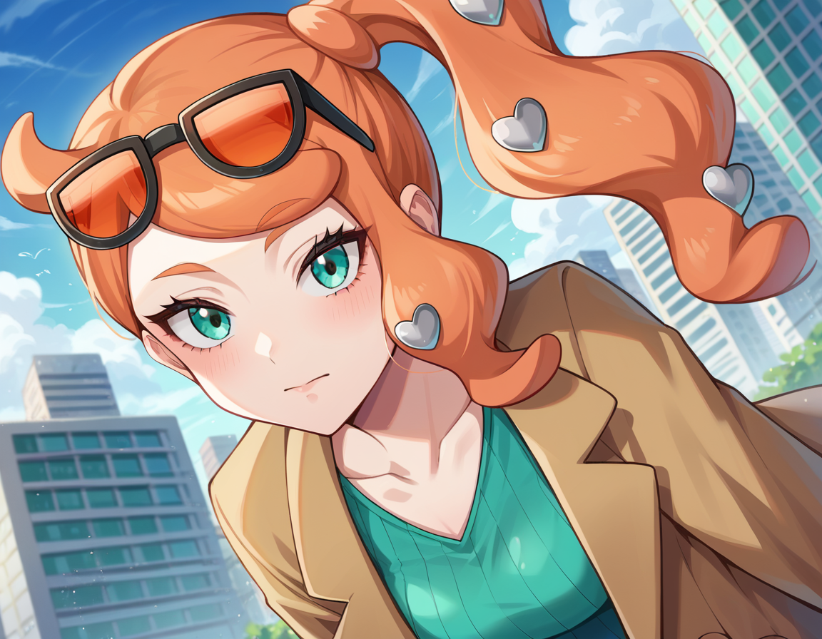 score_9, score_8_up, score_7_up, source_anime,
pokemonsonia, <lora:pokemon-sonia-ponyxl-lora-nochekaiser:1>
pokemonsonia, aqua eyes, heart, heart hair ornament, long hair, long sleeves, orange hair, side ponytail, swept bangs,
aqua footwear, aqua nails, aqua shirt, brown coat, brown jacket, coat, collarbone, eyewear on head, jacket, long sleeves, orange-tinted eyewear, pants, ribbed shirt, shirt, sunglasses, tinted eyewear,
outdoors, cityscape, bent over,
looking at viewer, cowboy shot, dutch angle,