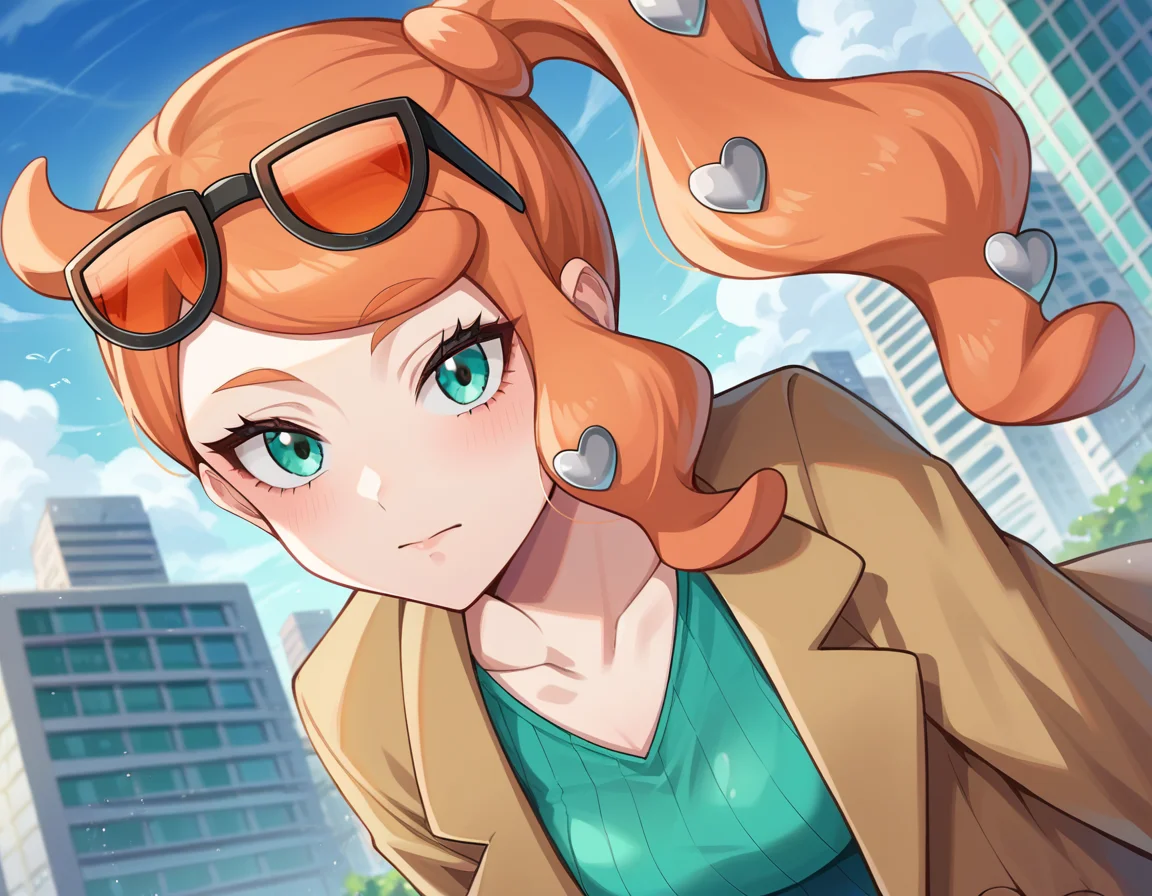 score_9, score_8_up, score_7_up, source_anime,
pokemonsonia, <lora:pokemon-sonia-ponyxl-lora-nochekaiser:1>
pokemonsonia, aqua eyes, heart, heart hair ornament, long hair, long sleeves, orange hair, side ponytail, swept bangs,
aqua footwear, aqua nails, aqua shirt, brown coat, brown jacket, coat, collarbone, eyewear on head, jacket, long sleeves, orange-tinted eyewear, pants, ribbed shirt, shirt, sunglasses, tinted eyewear,
outdoors, cityscape, bent over,
looking at viewer, cowboy shot, dutch angle,