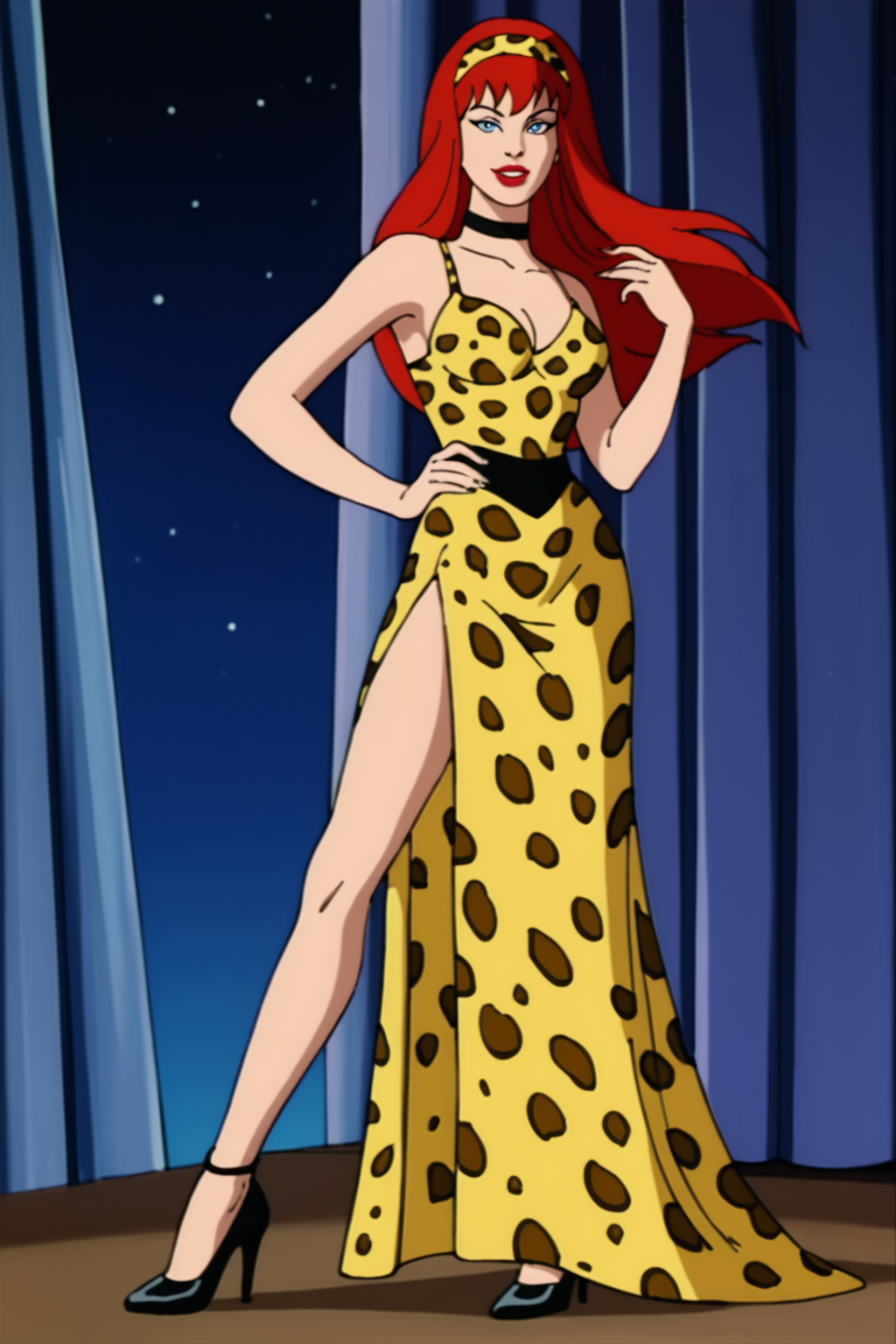 PonyXLV6_Scores, ((retro artstyle, parody), perfect anatomy, perfect eyes) <lora:add_details_xl:1> BREAK <lora:MJ90s:0.8> mary jane watson, long hair, red hair, lipstick, red lips, blue eyes, sultry eyes, naughty face, parted lips ((looking at viewer)), formal, headband, long dress, choker, leopard print, animal print, high heels, model pose, arched back, teasing viewer, legs crossed, flirting with viewer, on stage, stage lights, fashion show, indoors