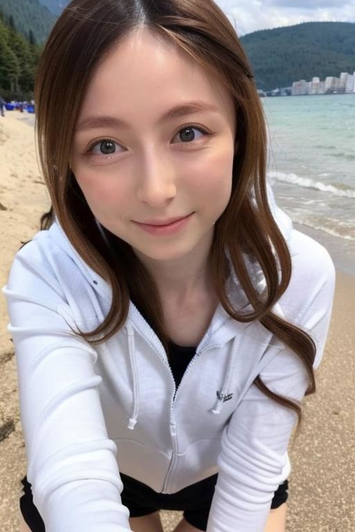 Nsfw, Original face, ((Original eyes shape)) , (((Small breasts))) , flat chest small breasts woman,  Seductive position, erotic position, attractive position, best quality, photo realistic portrait , see through  bra, pale skin long curly wavy hair,  Naked beach open hoodie