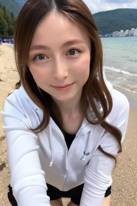 Nsfw, Original face, ((Original eyes shape)) , (((Small breasts))) , flat chest small breasts woman,  Seductive position, erotic position, attractive position, best quality, photo realistic portrait , see through  bra, pale skin long curly wavy hair,  Naked beach open hoodie